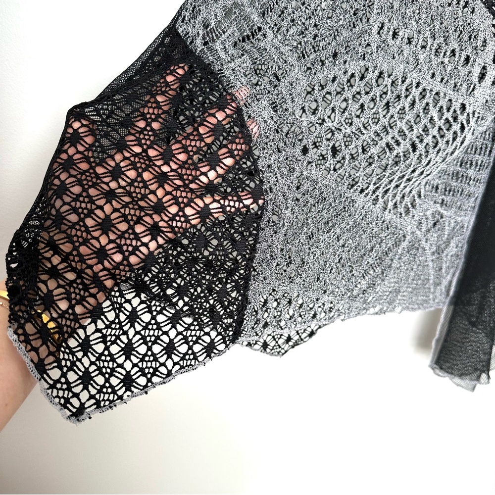 Boho Y2K Black Sheer Crochet Patchwork Whimsigoth Asymmetrical Mixed Media Tunic - Picture 5 of 9